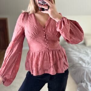 SHEIN: Balloon Sleeve Rust Orange Sheer Floral Blouse